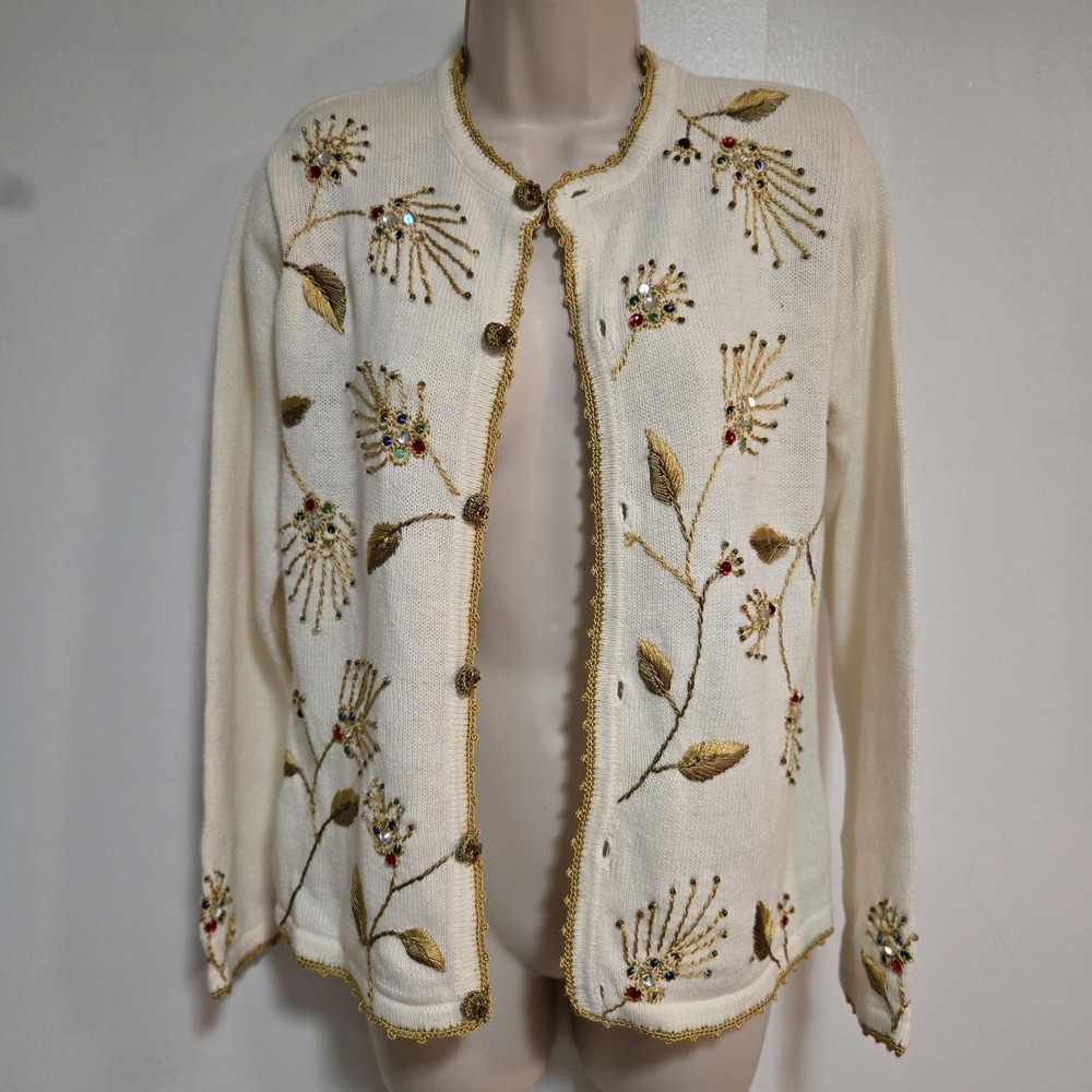 ARRIVISTE Size PS Floral Embroidered‎ Cardigan Sweater Ivory Gold Beads Cottage